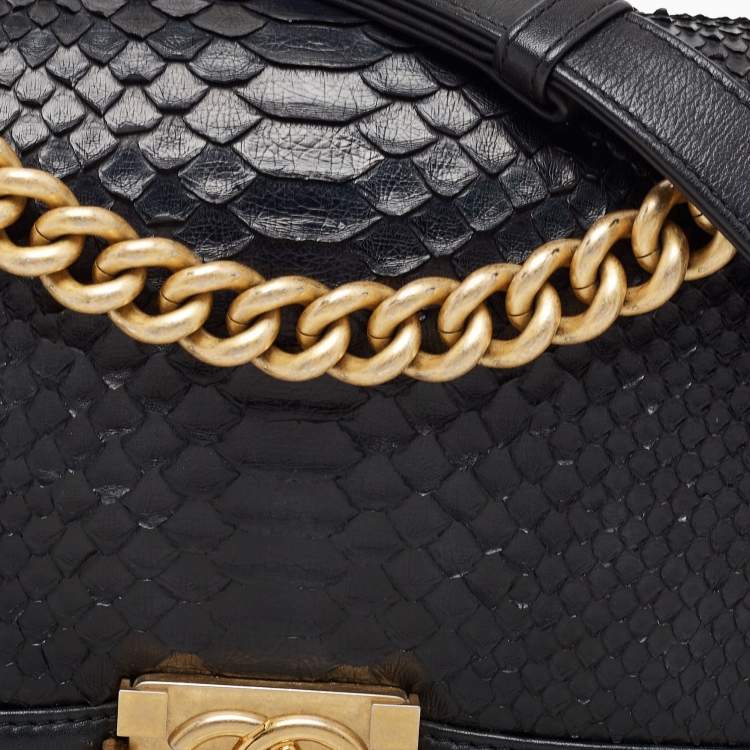 Pre Owned Chanel Black Python and Leather Medium Boy Flap Bag