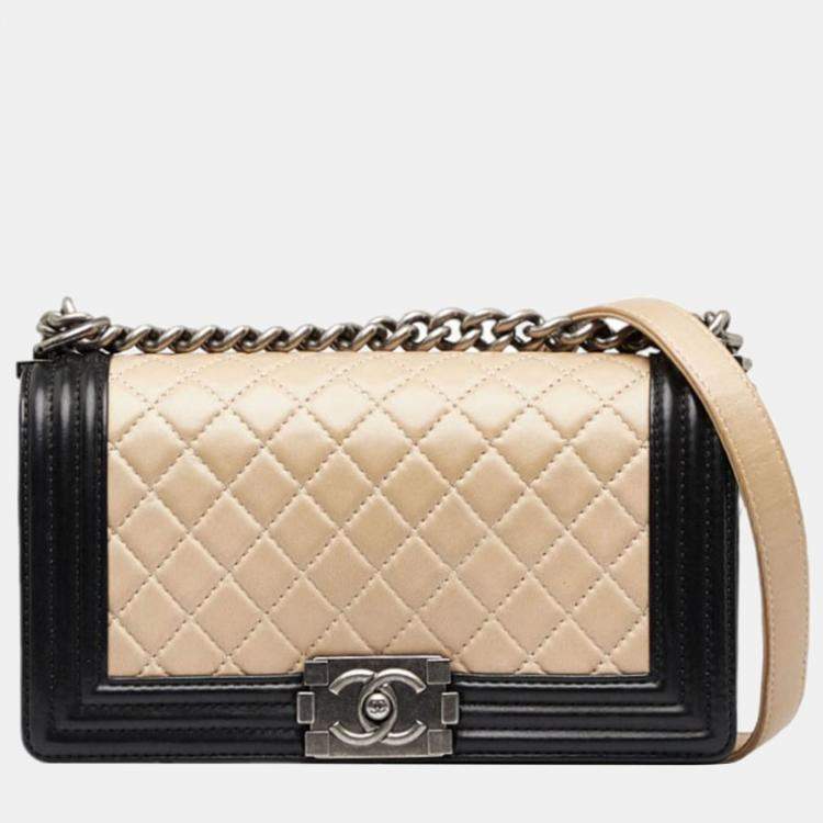 Chanel Beige/Black Bicolor Leather Medium Boy Shoulder Bag