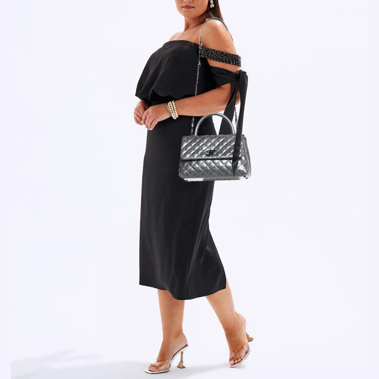 Pre Owned Chanel Metallic Grey Leather Medium Coco Top Handle Bag