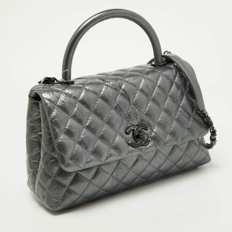 Pre Owned Chanel Metallic Grey Leather Medium Coco Top Handle Bag