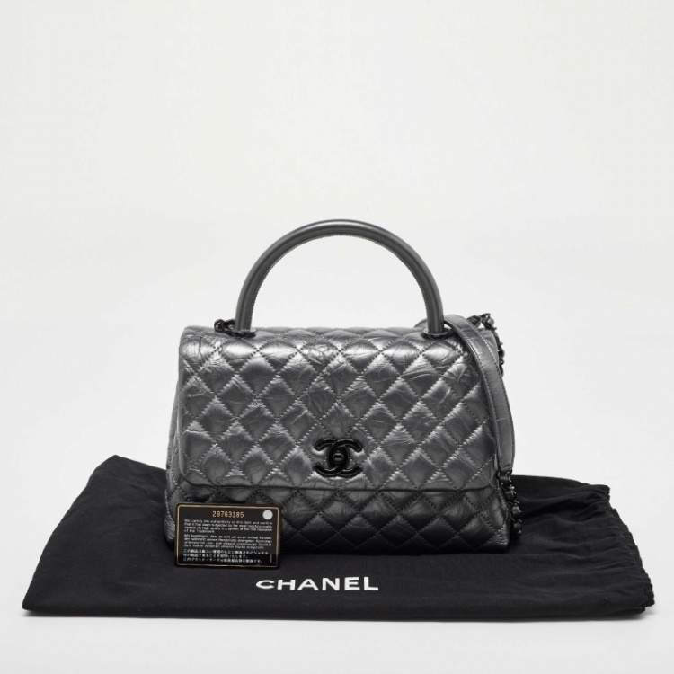 Pre Owned Chanel Metallic Grey Leather Medium Coco Top Handle Bag