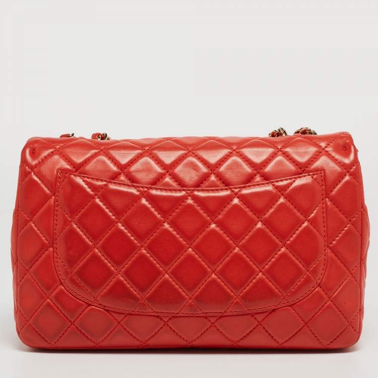 Pre Owned Chanel Red Quilted Lambskin Leather Jumbo Classic Single Flap Bag