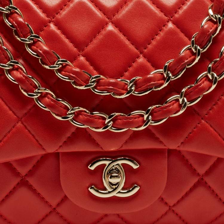 Pre Owned Chanel Red Quilted Lambskin Leather Jumbo Classic Single Flap Bag