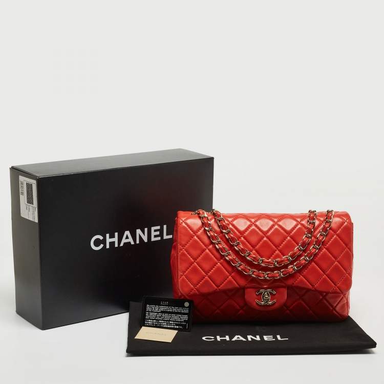 Pre Owned Chanel Red Quilted Lambskin Leather Jumbo Classic Single Flap Bag
