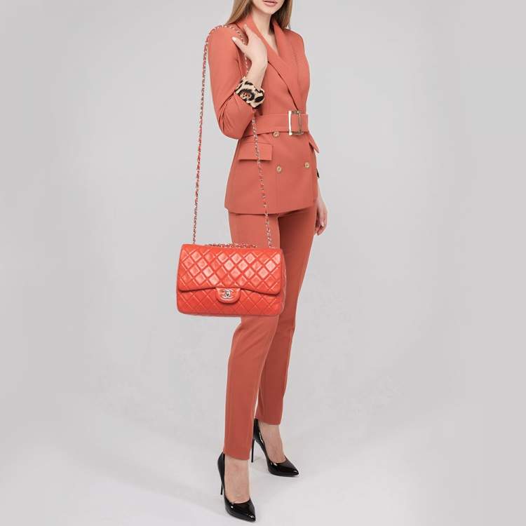 Pre Owned Chanel Red Quilted Lambskin Leather Jumbo Classic Single Flap Bag