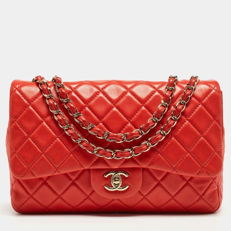 Chanel Red Quilted Lambskin Leather Jumbo Classic Single Flap Bag Chanel