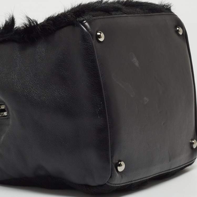 Pre Owned Chanel Black Leather And Calf Hair Boston Bag