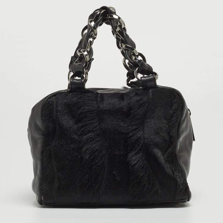 Pre Owned Chanel Black Leather And Calf Hair Boston Bag
