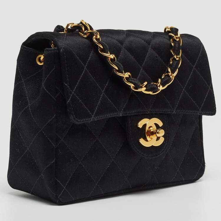 Pre Owned Chanel Black Quilted Satin Mini Classic Flap Bag 