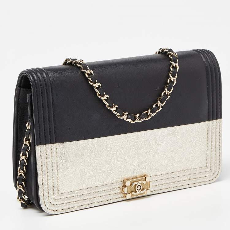 Pre Owned Chanel Black/Gold Leather Boy Wallet On Chain