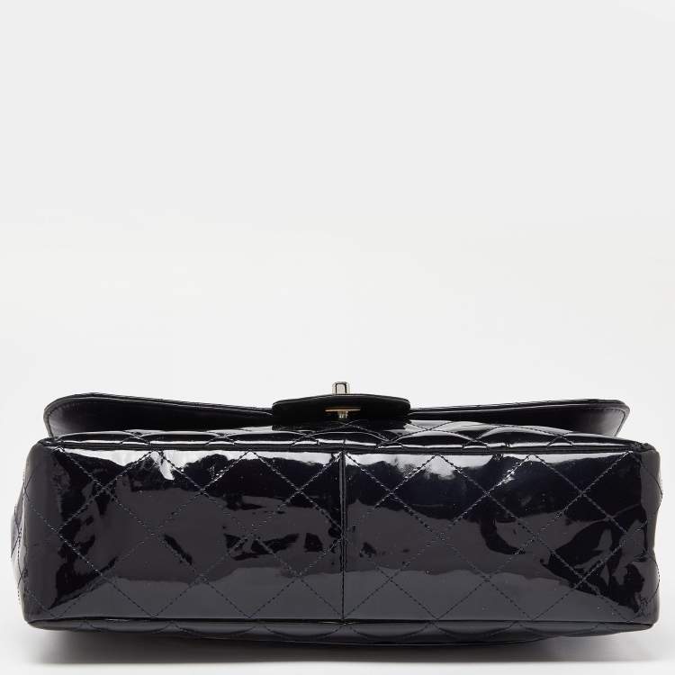 Pre Owned Chanel Dark Blue Quilted Patent Leather Jumbo Classic Single Flap Bag