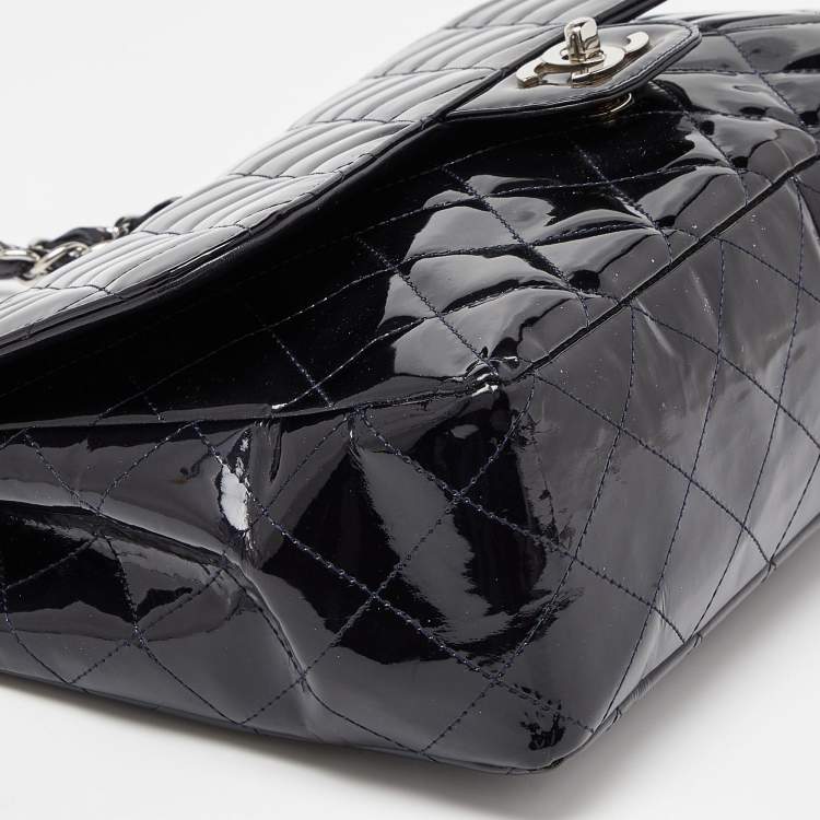 Pre Owned Chanel Dark Blue Quilted Patent Leather Jumbo Classic Single Flap Bag