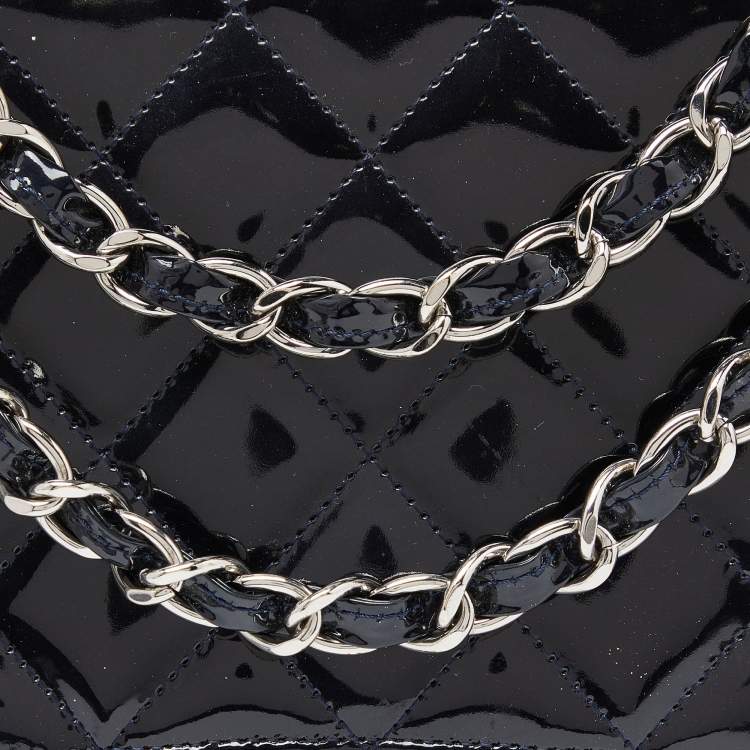 Pre Owned Chanel Dark Blue Quilted Patent Leather Jumbo Classic Single Flap Bag