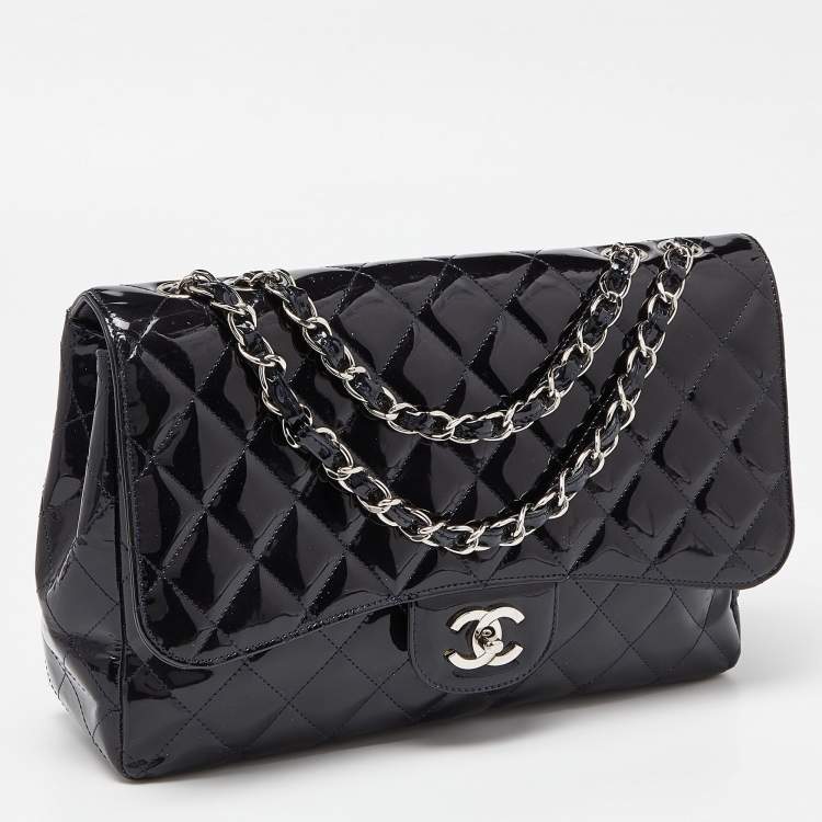 Pre Owned Chanel Dark Blue Quilted Patent Leather Jumbo Classic Single Flap Bag