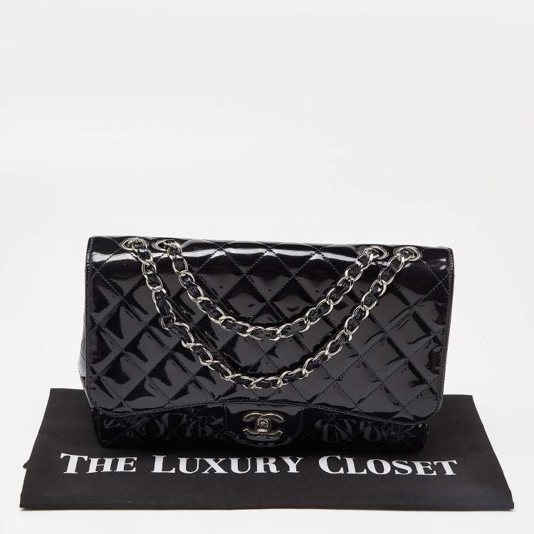 Pre Owned Chanel Dark Blue Quilted Patent Leather Jumbo Classic Single Flap Bag