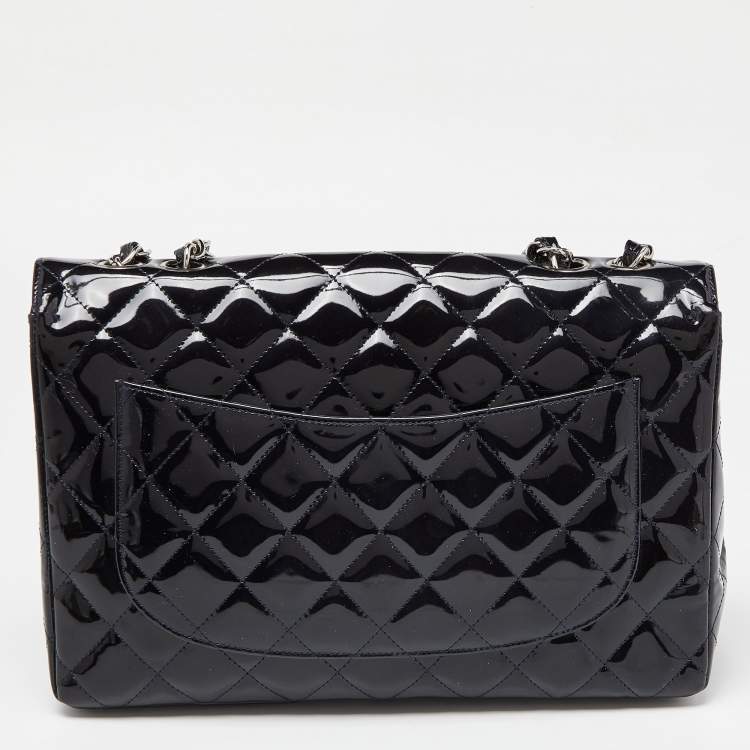 Pre Owned Chanel Dark Blue Quilted Patent Leather Jumbo Classic Single Flap Bag