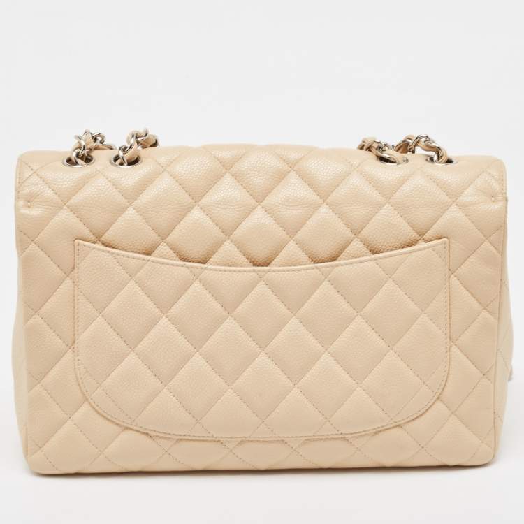 Pre Owned Chanel Beige Quilted Caviar Leather Jumbo Classic Single Flap Bag
