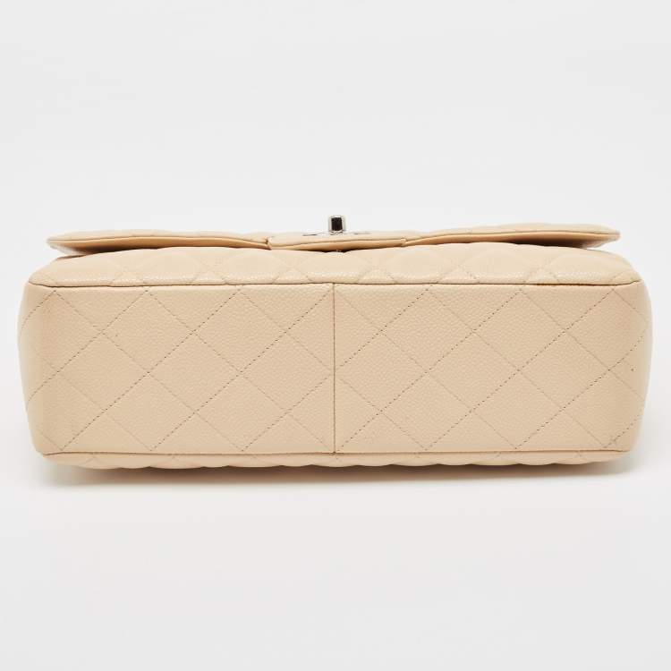 Pre Owned Chanel Beige Quilted Caviar Leather Jumbo Classic Single Flap Bag