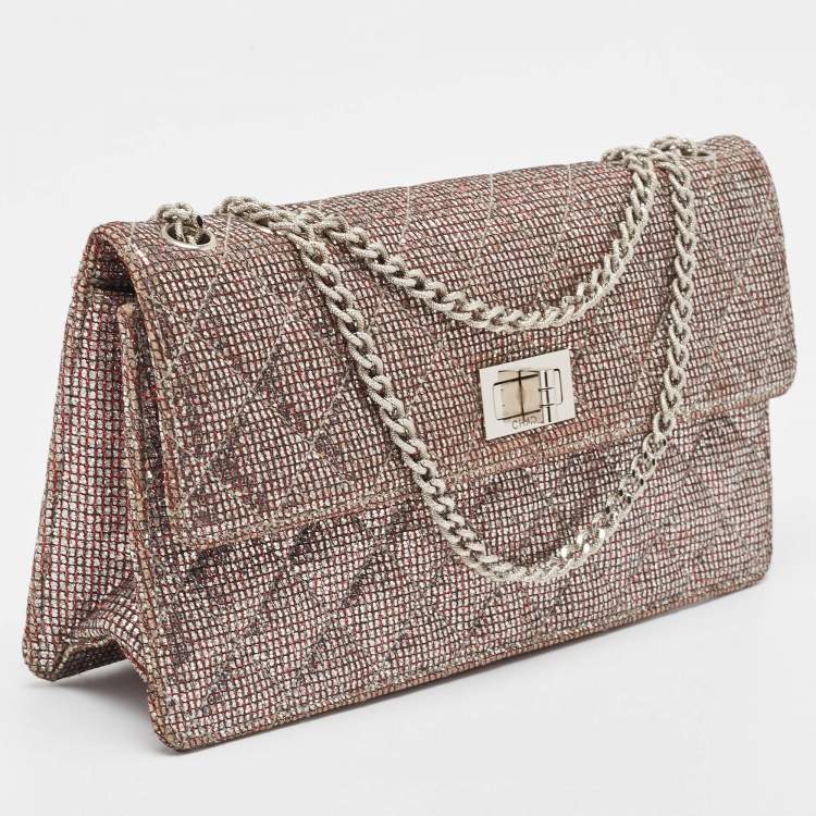 Pre Owned Chanel Silver Quilted Glitter Fabric Reissue Flap Bag