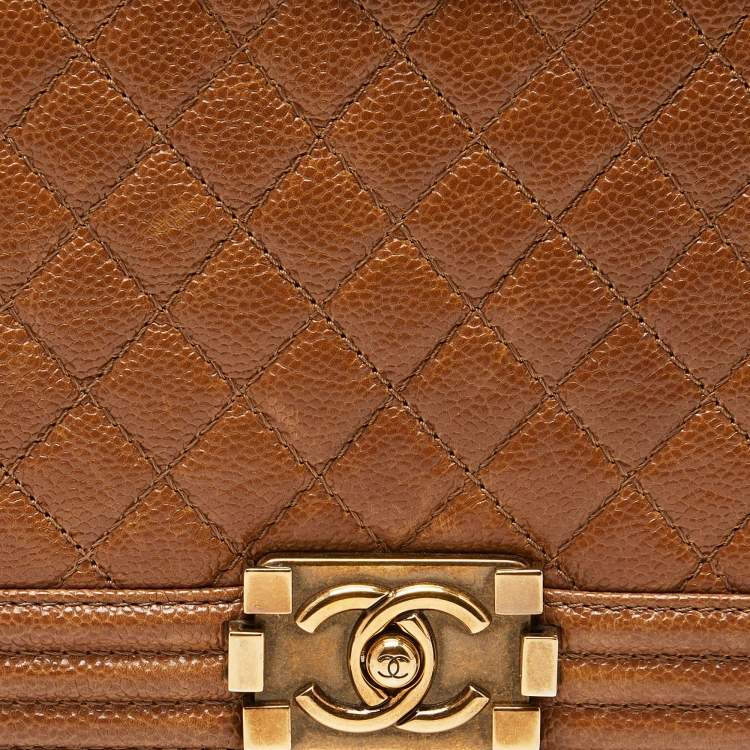 Pre Owned Chanel Brown Quilted Caviar Leather Large Boy Flap Bag