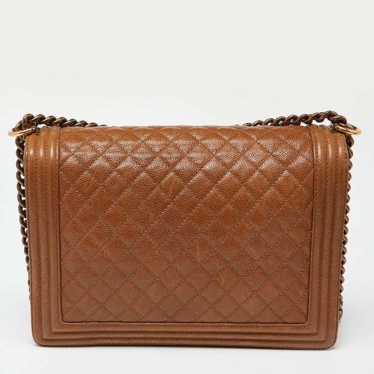 Pre Owned Chanel Brown Quilted Caviar Leather Large Boy Flap Bag