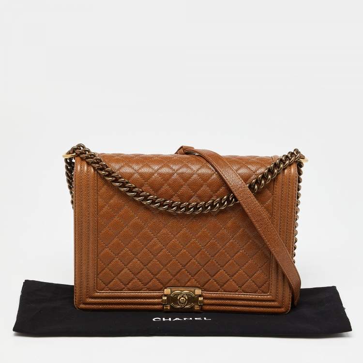 Pre Owned Chanel Brown Quilted Caviar Leather Large Boy Flap Bag