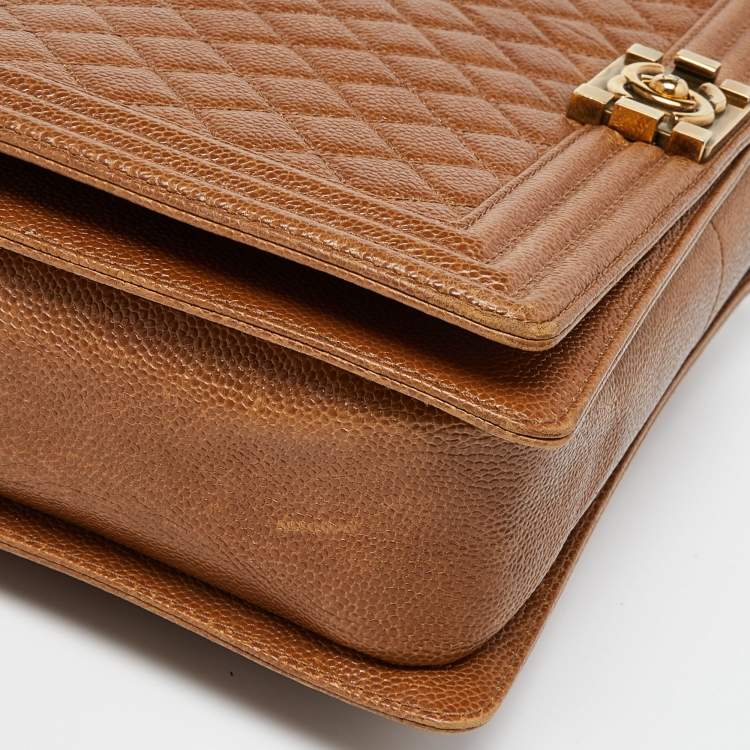 Pre Owned Chanel Brown Quilted Caviar Leather Large Boy Flap Bag