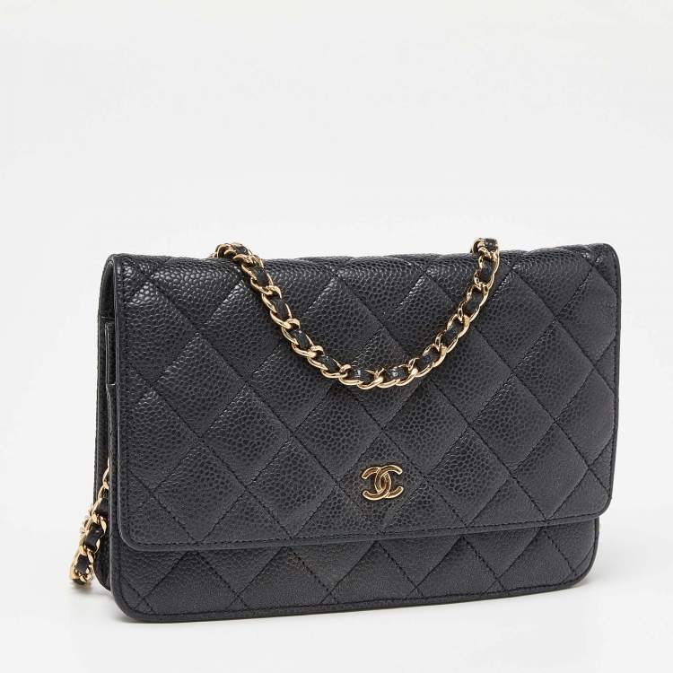 Pre Owned Chanel Black Quilted Caviar Leather Classic Wallet On Chain