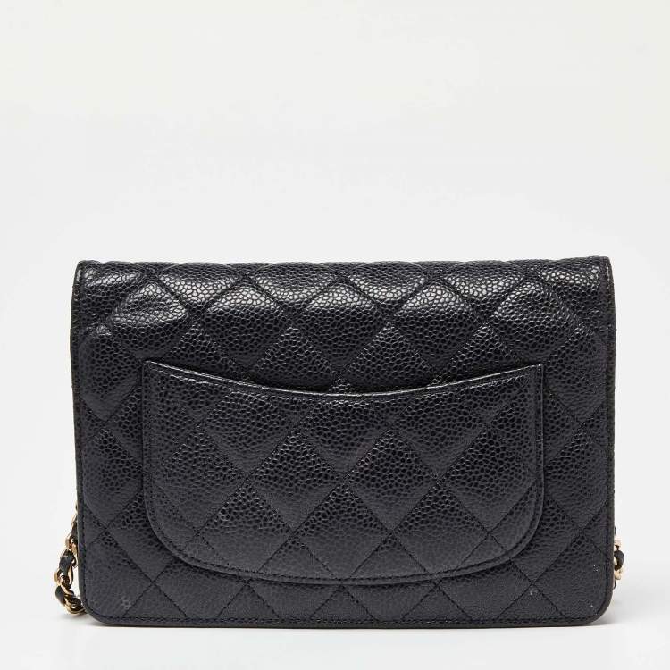Pre Owned Chanel Black Quilted Caviar Leather Classic Wallet On Chain