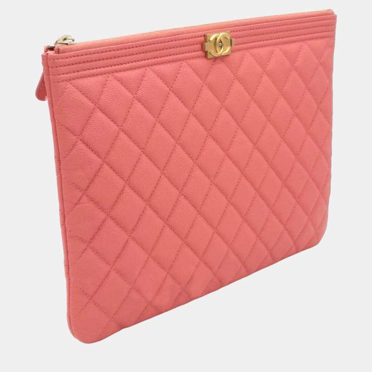 Pre Owned Chanel Pink Caviar Leather O Case Quilted Medium Boy Clutch Bag 
