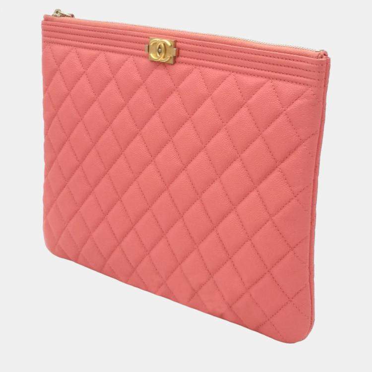Pre Owned Chanel Pink Caviar Leather O Case Quilted Medium Boy Clutch Bag 