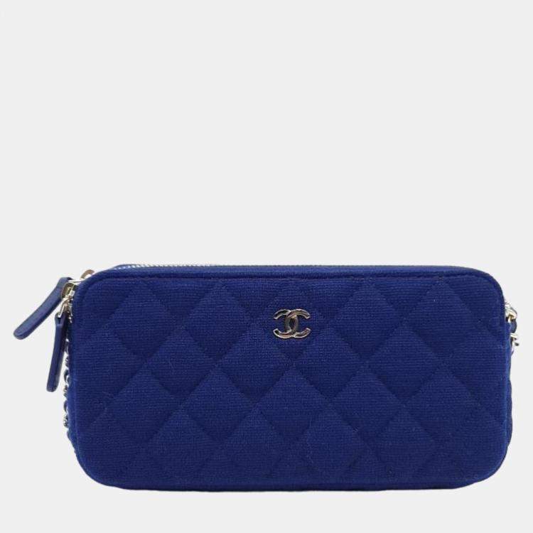 Chanel Blue Canvas CC Double Zip Clutch on Chain Chanel
