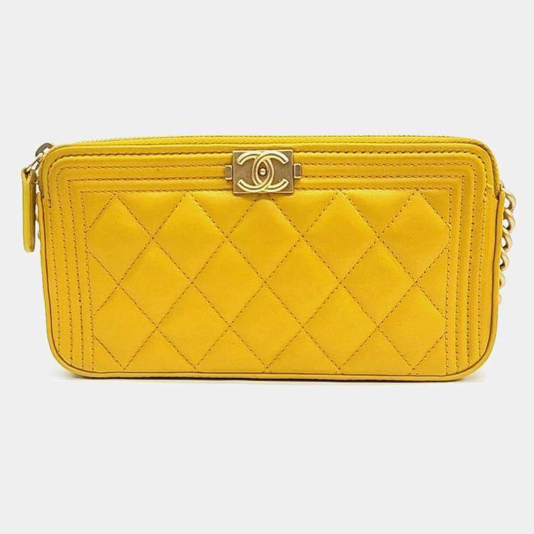 Chanel Yellow Leather Double Zip Boy Chain Clutch Bag