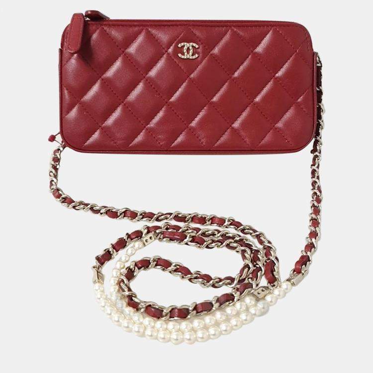 Chanel Red Leather CC Quilted Double Zip Wallet On Chain