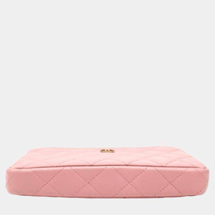 Pre Owned Chanel Pink Leather CC Quilted Double Zip Wallet On Chain