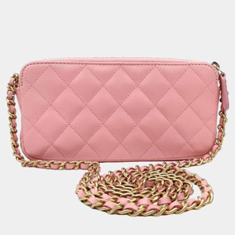 Pre Owned Chanel Pink Leather CC Quilted Double Zip Wallet On Chain
