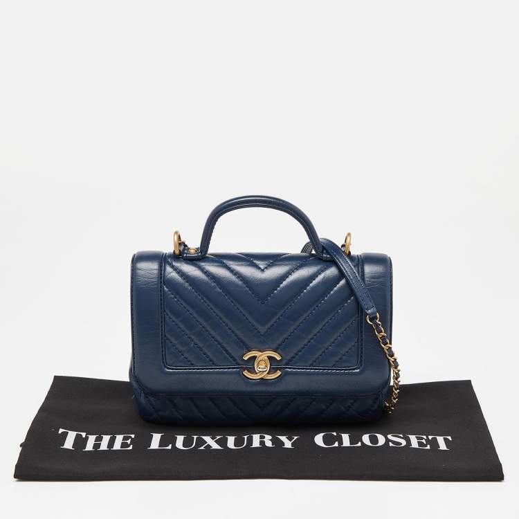 Pre Owned Chanel Blue Chevron Leather Flap Top Handle Bag