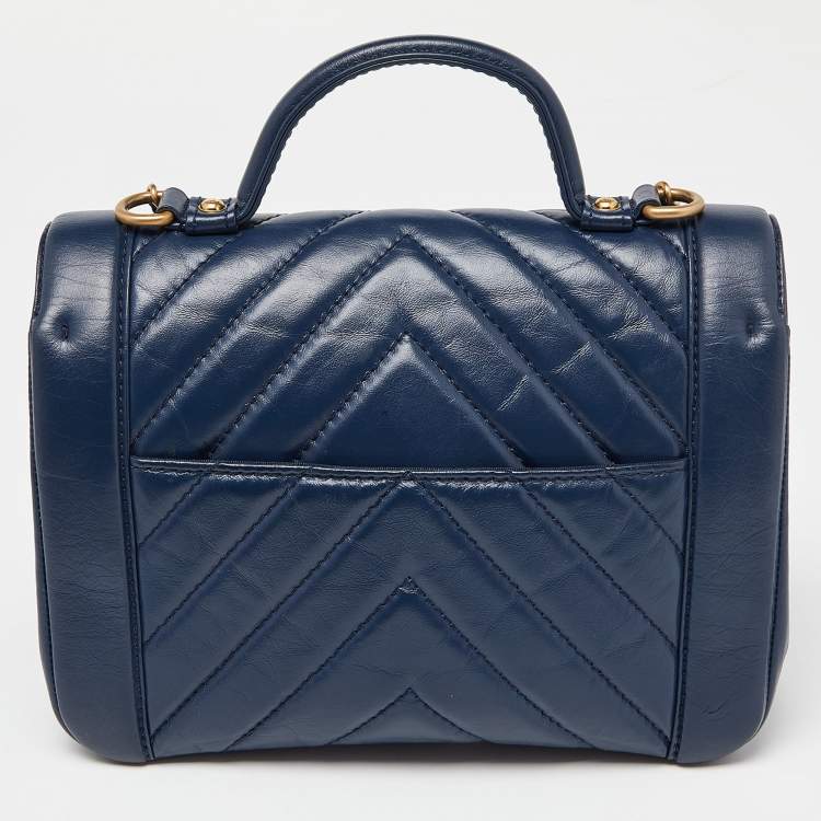 Pre Owned Chanel Blue Chevron Leather Flap Top Handle Bag
