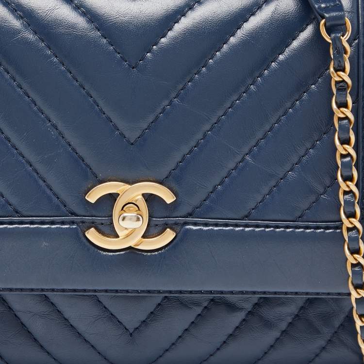 Pre Owned Chanel Blue Chevron Leather Flap Top Handle Bag