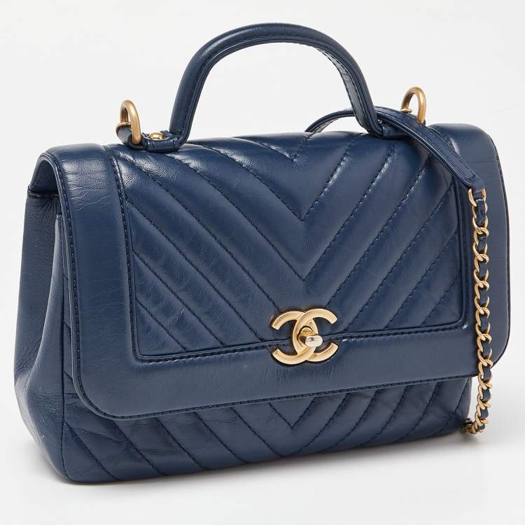 Pre Owned Chanel Blue Chevron Leather Flap Top Handle Bag
