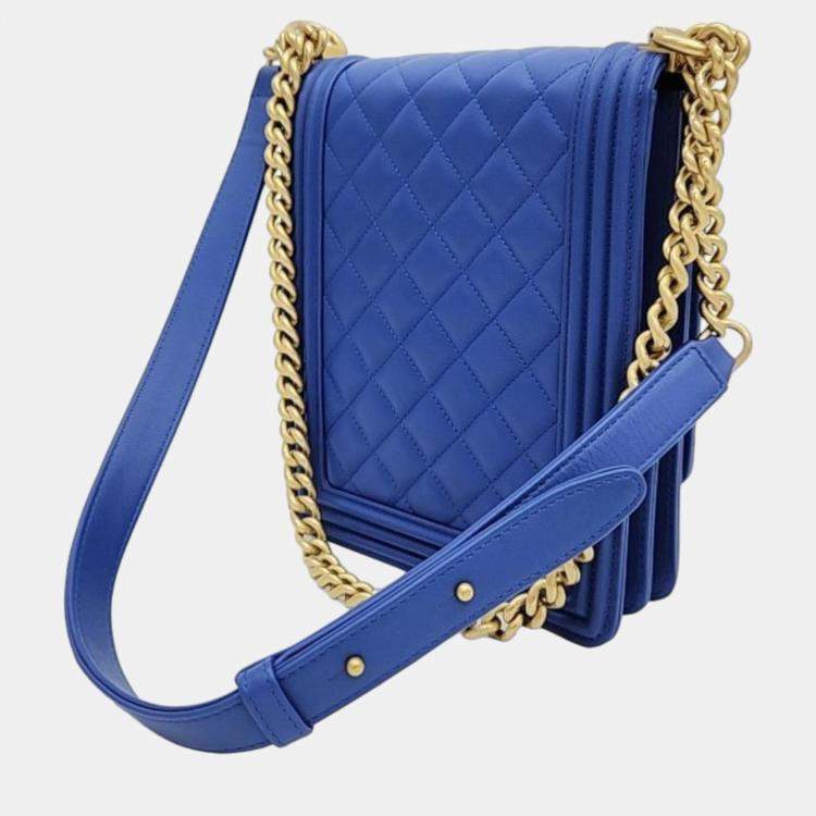 Pre Owned Chanel Blue Leather North South Boy Shoulder Bag
