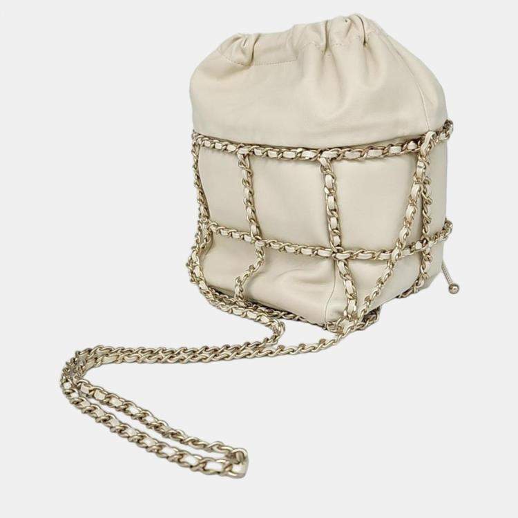 Chanel Beige Leather Bucket Chain Drawstring CC Shoulder Bag