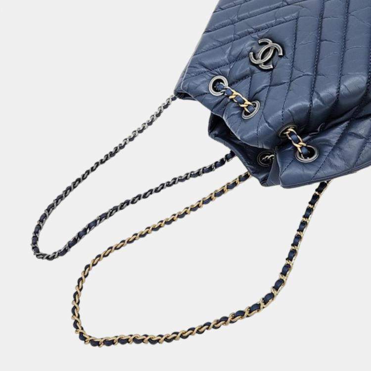Pre Owned Chanel Blue Leather Small Chevron Gabrielle Backpack