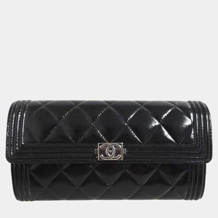 Chanel Black Patent Leather Quilted Flap Boy Wallet Chanel