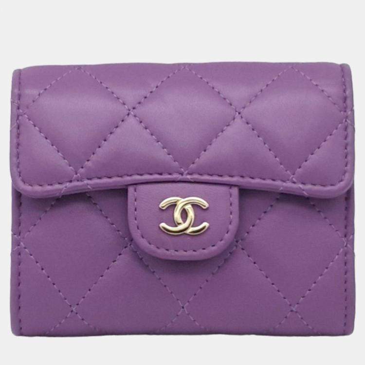 Chanel Purple Lambskin Leather Card Holder Chain Quilted Flap