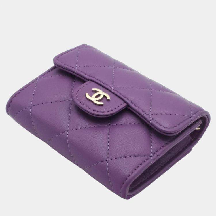 Chanel Purple Lambskin Leather Card Holder Chain Quilted Flap Wallet