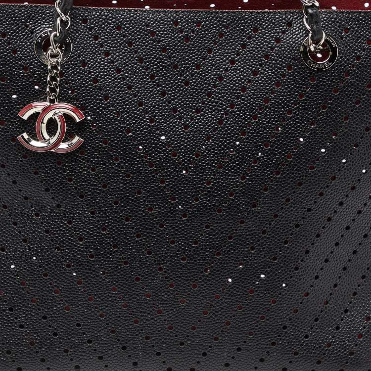 Pre Owned Chanel Black Perforated Caviar Leather Medium Shopper Tote