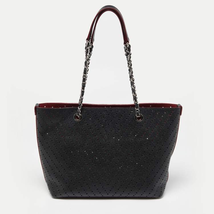 Pre Owned Chanel Black Perforated Caviar Leather Medium Shopper Tote