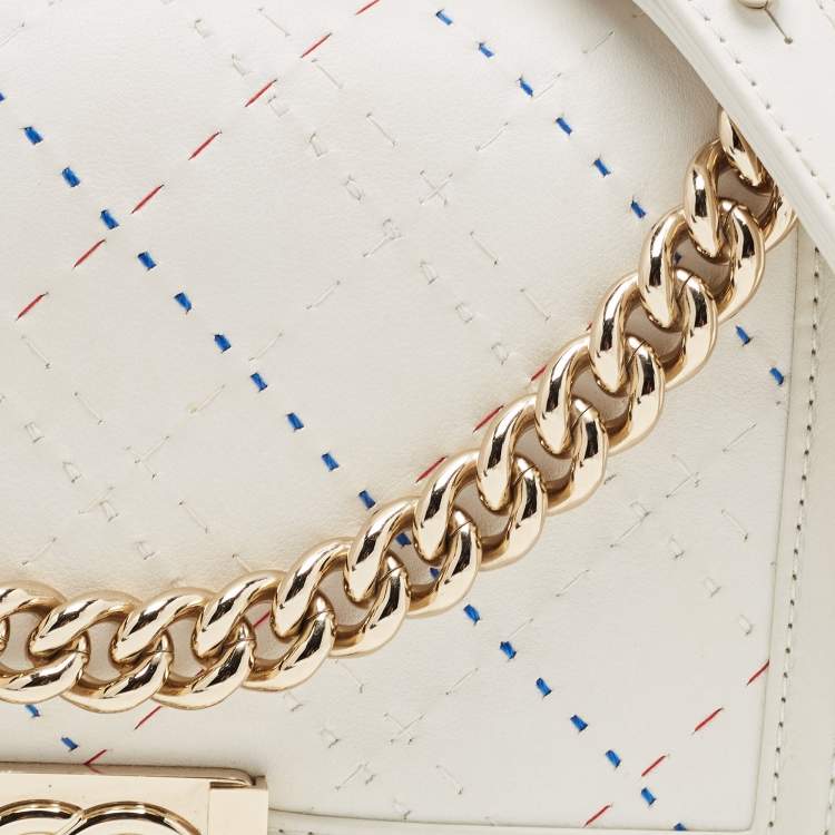 Pre Owned Chanel White Stitch Quilted Leather Medium Boy Flap Bag