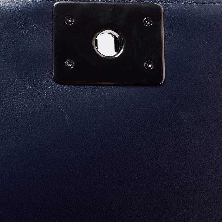 Pre Owned Chanel Navy Blue/Black Leather Medium Boy Flap Bag
